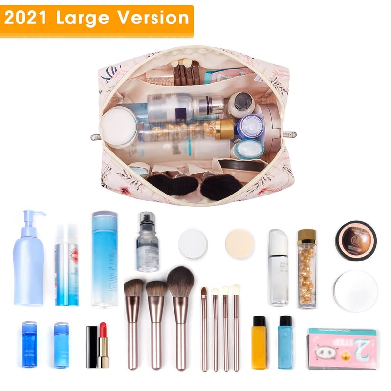 Narwey Cute Makeup Bag Travel Cosmetic Bag Organizer Toiletry Bag Make Up Bags with Compartments for Women Girls (Large, Beige Flamingo) - Image 2
